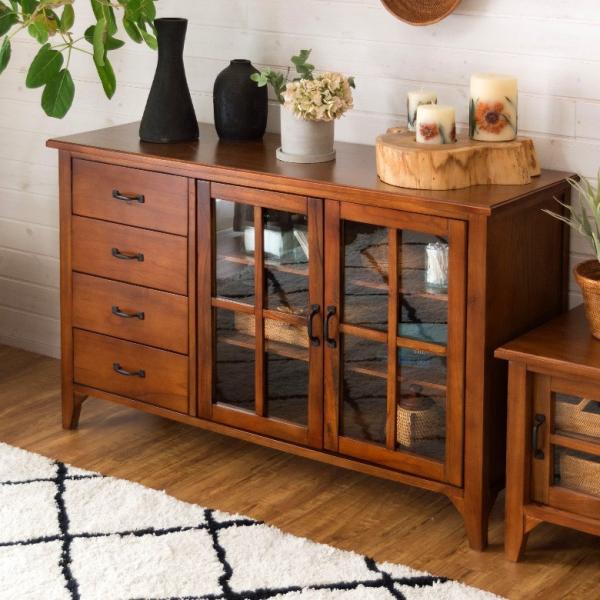 リビング収納家具 キャビネット リビングチェスト 収納家具 天然木製 引き出し ガラス扉 幅120c...