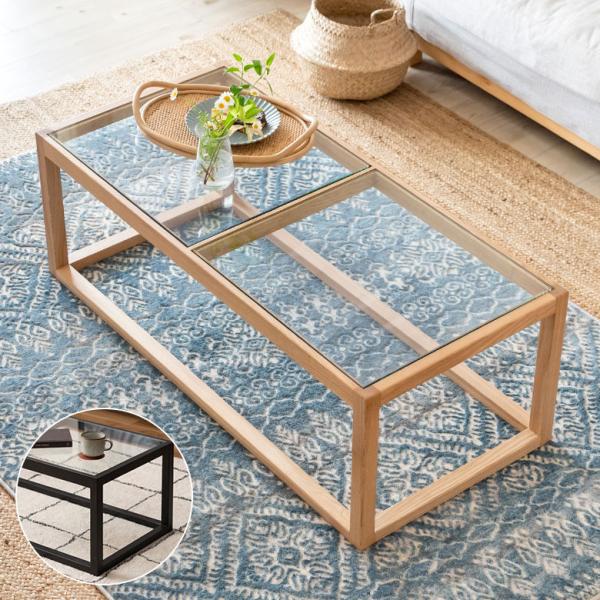 センター テーブル 木製 ガラス 長方形 W 110 × D 50 cm ロー コーヒー 強化 天然...