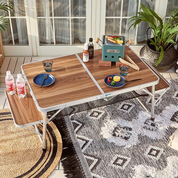 折りたたみ テーブル アウトドア フォールディング 木目 幅129cm 補助 ネット付 ポータブル ...