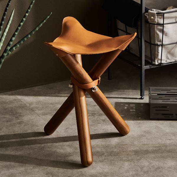 フォールディング スツール 収納袋付 折り畳み 本革 天然木 レザー 椅子 イス 座面高 38cm ...