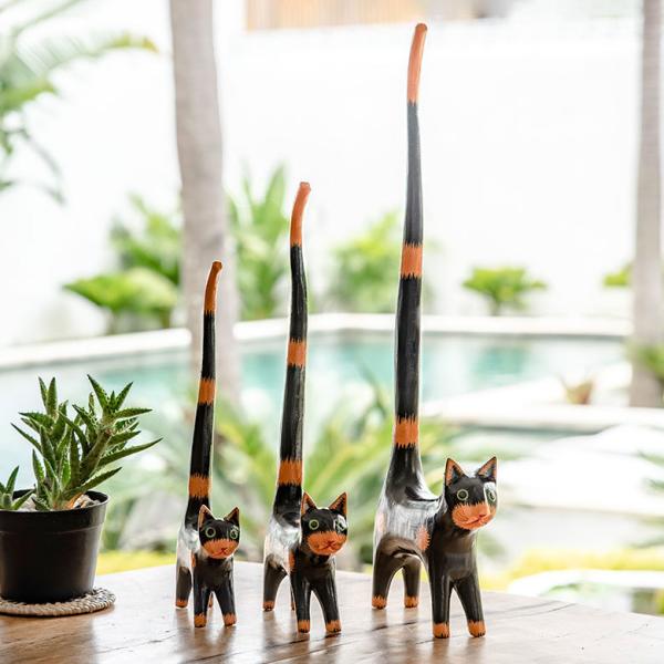 アジアン雑貨 しっぽのながーい木彫りバリネコ3匹セット アジア工房 9221