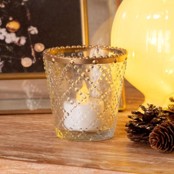 キャンドルホルダー ガラス クリア ゴールド 花瓶  直径7.5cm 高さ7.5cm 模様入り フラ...
