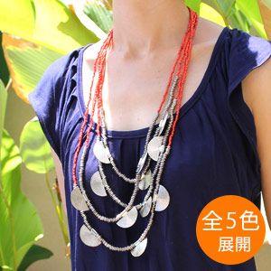 ビーズとメタルプレートの4連アジアンネックレス 5色展開 アジア工房 n-114