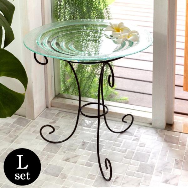 ガラスのアジアン水盤ＬサイズとアイアンスタンドＬサイズのセット ガラスの水盆 ガラスのボウル アジア...