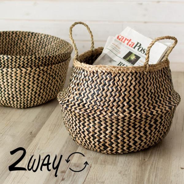 バスケット かご 収納 ハンドル付き ブラック シーグラス製 2way 天然水草 紺 収納 西海岸 ...