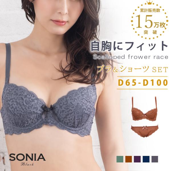 スカラップフラワーレース (Dカップ) ワイヤーブラジャー ショーツセット ソニアブラック 上下セッ...