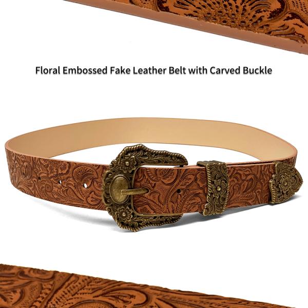 ネコポス対応 フローラル型押し フェイクレザーベルト - キャメル Belt メンズ レディース フ...