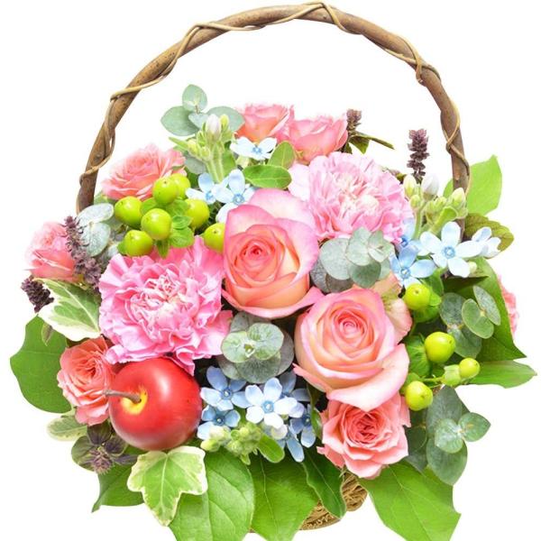 ピンクバラ&amp;ピンクカーネーション バスケット アレンジメント お花の延命剤付 花 プレゼント ギフト...