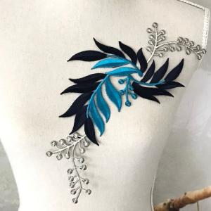 アップリケ 刺繍ワッペン ブルー シルバー 花...の詳細画像1