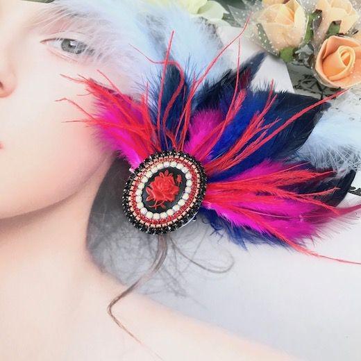 ヘッドピース 髪飾り フェザー 羽 ラインストーン ヘアアクセサリー フェザー パープル ヘッドドレ...