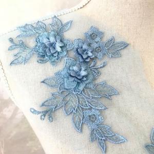 チュールモチーフ 水色 3D 花 刺繍 ハンド...の詳細画像1