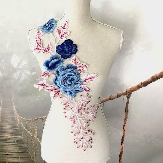 バラ モチーフレース 3D 立体的 青 刺繍 衣装 装飾 ハンドメイド ダンス