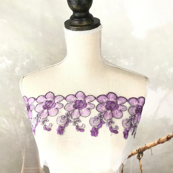 レース チュールレース 手芸 花柄 花模様 パープル 紫 花柄 衣装 刺繍 リボン 手作り 素材 装...