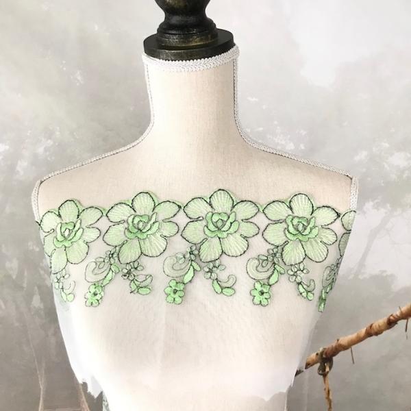 レース チュールレース 手芸 花柄 花模様 ライトグリーン 花柄 衣装 刺繍 リボン 手作り 素材 ...