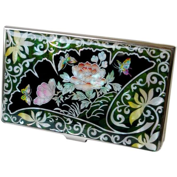 螺鈿細工　花柄　ステンレス製　スリム　名刺入れ/カードケース/IDケースグリーン