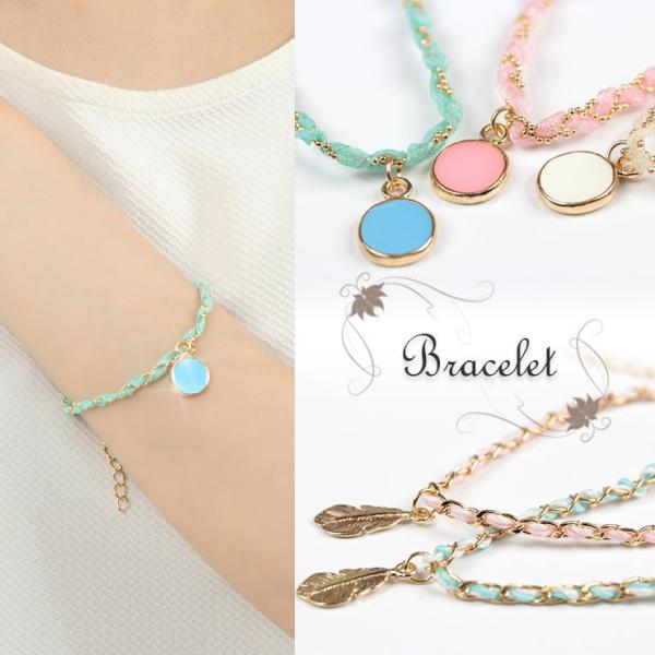 ブレスレット レディース アクセサリー ゴールド ピンク グリーン ホワイト 葉 羽 春夏 パステル...