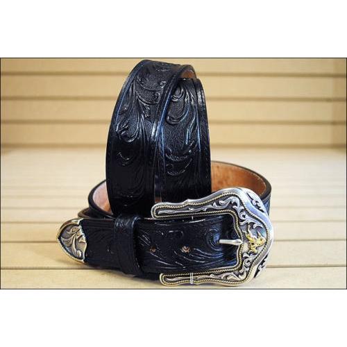 C41513 メンズ ブラック ウエスタリーライド ツールド レザー ウエスタンベルト (サイズ：3...