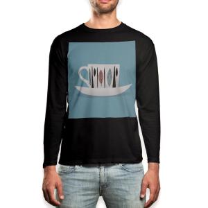 ロング Tシャツ メンズ 長袖 ブラック デザイン XS S M L XL 2XL ロンT ティーシャツ 黒 black T shirt long sleeve カフェ　マグカップ 014442