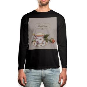 ロング Tシャツ メンズ 長袖 ブラック デザイン XS S M L XL 2XL ロンT ティーシャツ 黒 black T shirt long sleeve カフェ　紅茶　マグカップ 014666