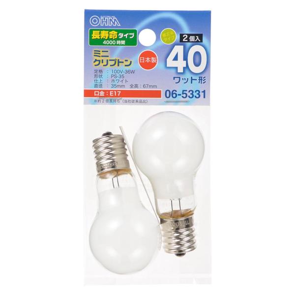 オーム電機 ミニクリプトン電球 E17 40W形 ホワイト2個入 LB-PS35E17100V36W...