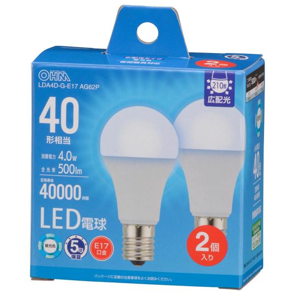 オーム電機 LED電球小形E17 40形相当 昼光色 2個入 LDA4D-G-E17 AG62P 【...