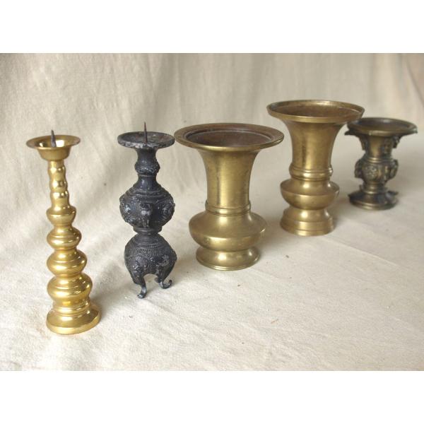 レトロ 燭台錫 真鍮製2種類 花立花入3種類 仏壇仏具 浄土宗 浄土真宗 仏教 仏像