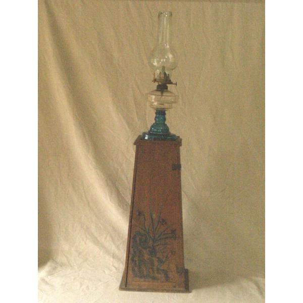 希少 明治 大正レトロ ガラス製オイルランプ40.5ｃｍ 木製台座兼収納箱付 アンティーク照明 古道...