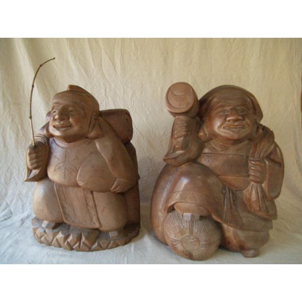 昭和44年 レトロ 天海作 大型40ｃｍ 木彫 大黒 恵比寿  作家物 木彫作家 神代杉 五穀豊穣 ...