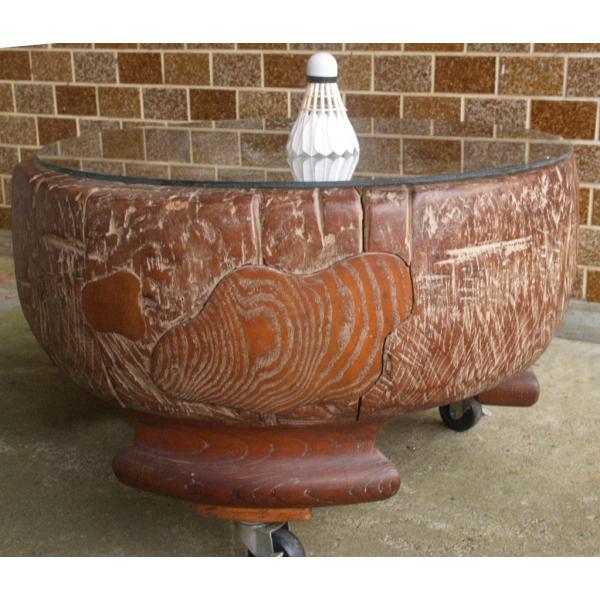 レア珍品 明治時代 埋木火鉢ガラステーブル50ｃｍキャスター付 座卓 ちゃぶ台 黒柿チギリ 古民具 ...