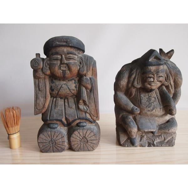 江戸 明治時代 一木造 大黒30.5ｃｍ 恵比寿26ｃｍ 木彫 五穀豊穣 商売繁盛 民仏 自念仏 枕...