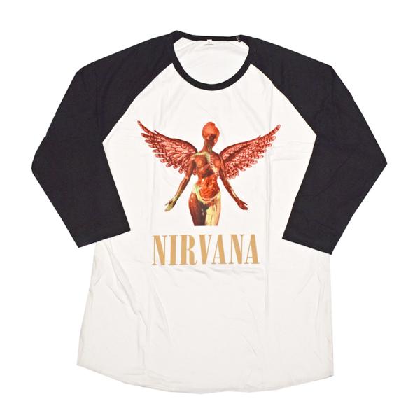 NIRVANA ニルヴァーナ 7分袖 ラグラン Tシャツ バンドTシャツ ホワイト/ブラック TRI...