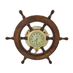 Zeckos Oak Ship`s Wheel Clock Brass Porthole Nautical 15 Inch Wide｜emiemi