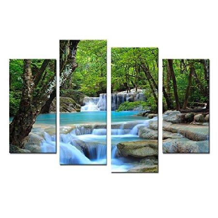 iK Canvs - 4ピース キャンバスプリント 夢のような滝 壁アート 森の風景 夏の写真 プリ...