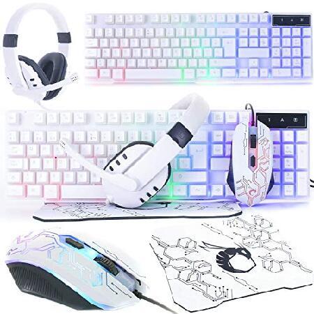 ゲーミングキーボードとマウスとゲーム用ヘッドセット＆マウスパッド 有線 LED RGB バックライト...