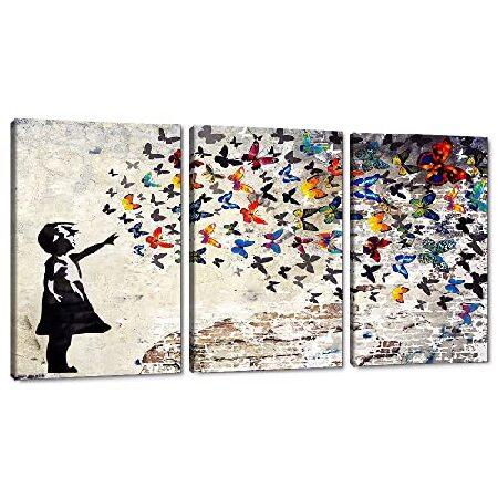 バンクシーアートポスター 落書き ウォールアート 3ピース 小さな女の子の絵 カラフルな蝶の絵画 キ...