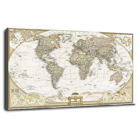 古い地図ポスター地理的世界地図キャンバスは、額入りの42 &quot;x24&quot;の家の1パネルの装飾用の壁アート...