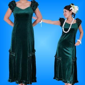 フラダンス ムームー ドレス ベルベット グリーン Fサイズ