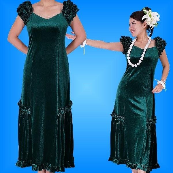 フラダンス ムームー ドレス ベルベット グリーンLLLサイズ 1078gLLL
