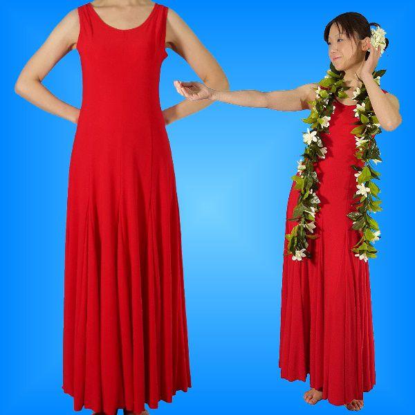 フラダンス 無地 ワンピースドレス レッド 1133a