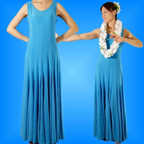 フラダンス 無地 ワンピースドレス ブルー 1176a
