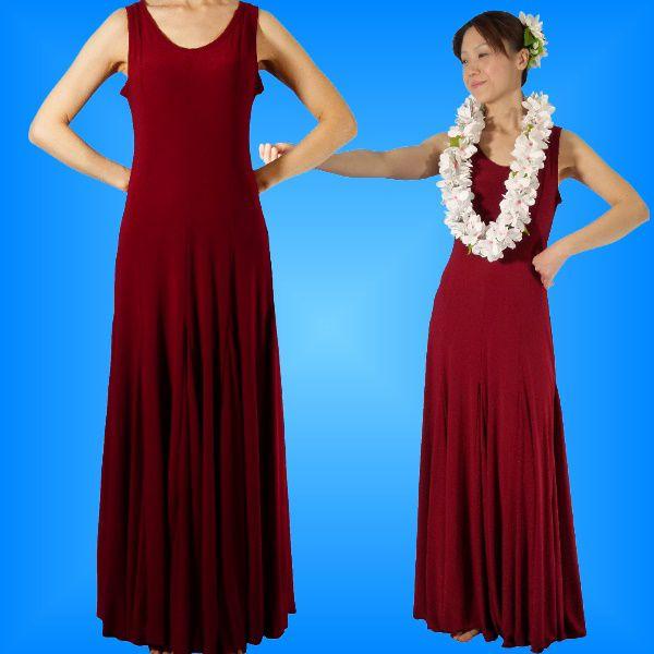 フラダンス 無地 ワンピースドレス ワイン 1177a