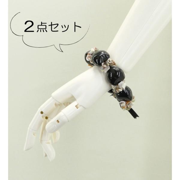 フラダンス ストロベリーシェル（マガキ貝）&amp;ククイ ブレスレット 2点セット ブラック 1498b