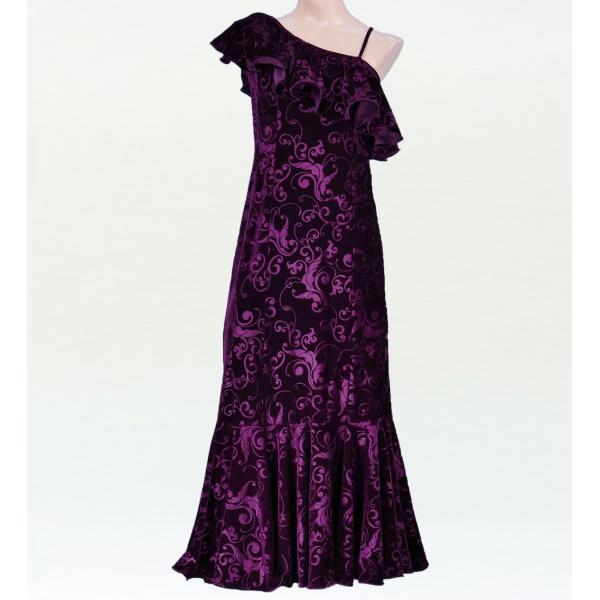フラダンス ワンショルダー型押しベルベットドレス ロング丈 パープル LLサイズ 1841pLL