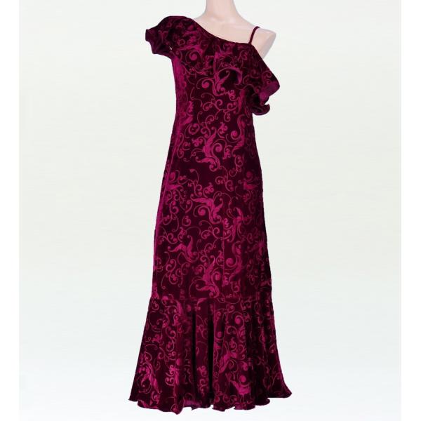 フラダンス ワンショルダー型押しベルベットドレス ロング丈 ルビーワイン 3Lサイズ 1841rwi...
