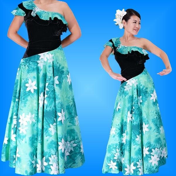 フラダンス ワンショルダー ベルベット斜め切り替え ドレス グリーン LLサイズ 1882gLL