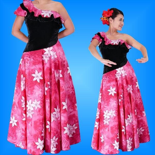 フラダンス ワンショルダー ベルベット斜め切り替え ドレス レッド LLサイズ 1882rLL