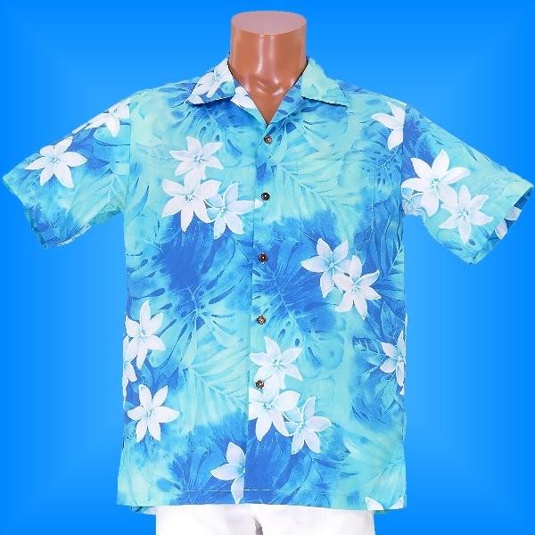 アロハシャツ メンズ ブルー プルメリア Mサイズ 1898blM