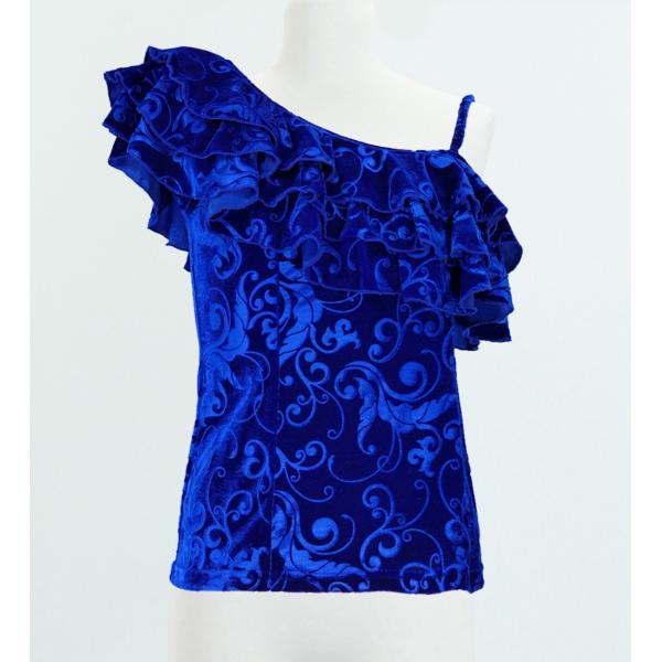 フラダンス 型押しベルベット ワンショルダーフリルブラウス ブルー M（Fサイズ） 1909blF