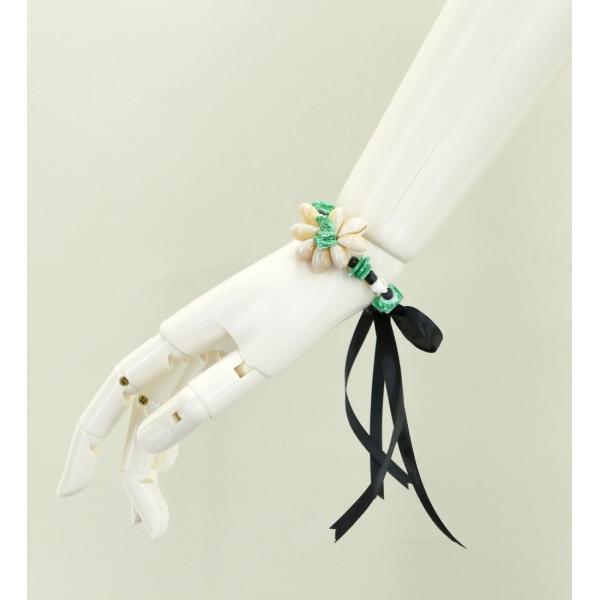 フラダンス シェル×ビーズ エキゾチックブレスレット グリーン×ブラック 1点 2089