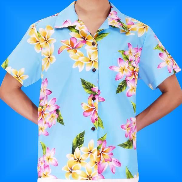 アロハシャツ レディース ブルー プルメリア Mサイズ 2125blM